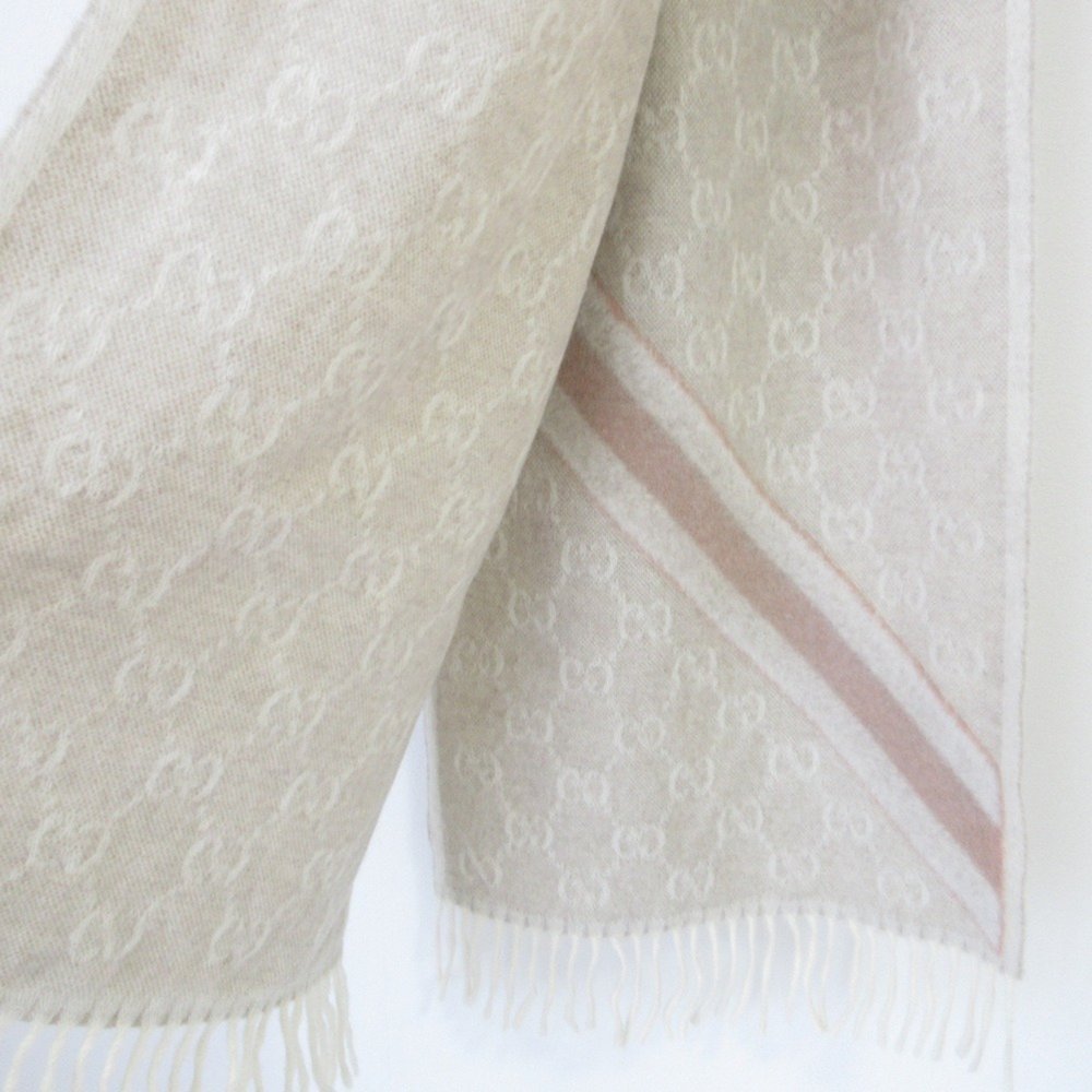 GUCCI Gucci Sherry Line GG Pattern Wool Fringe Scarf Beige Men's Women's - Picture 4 of 6